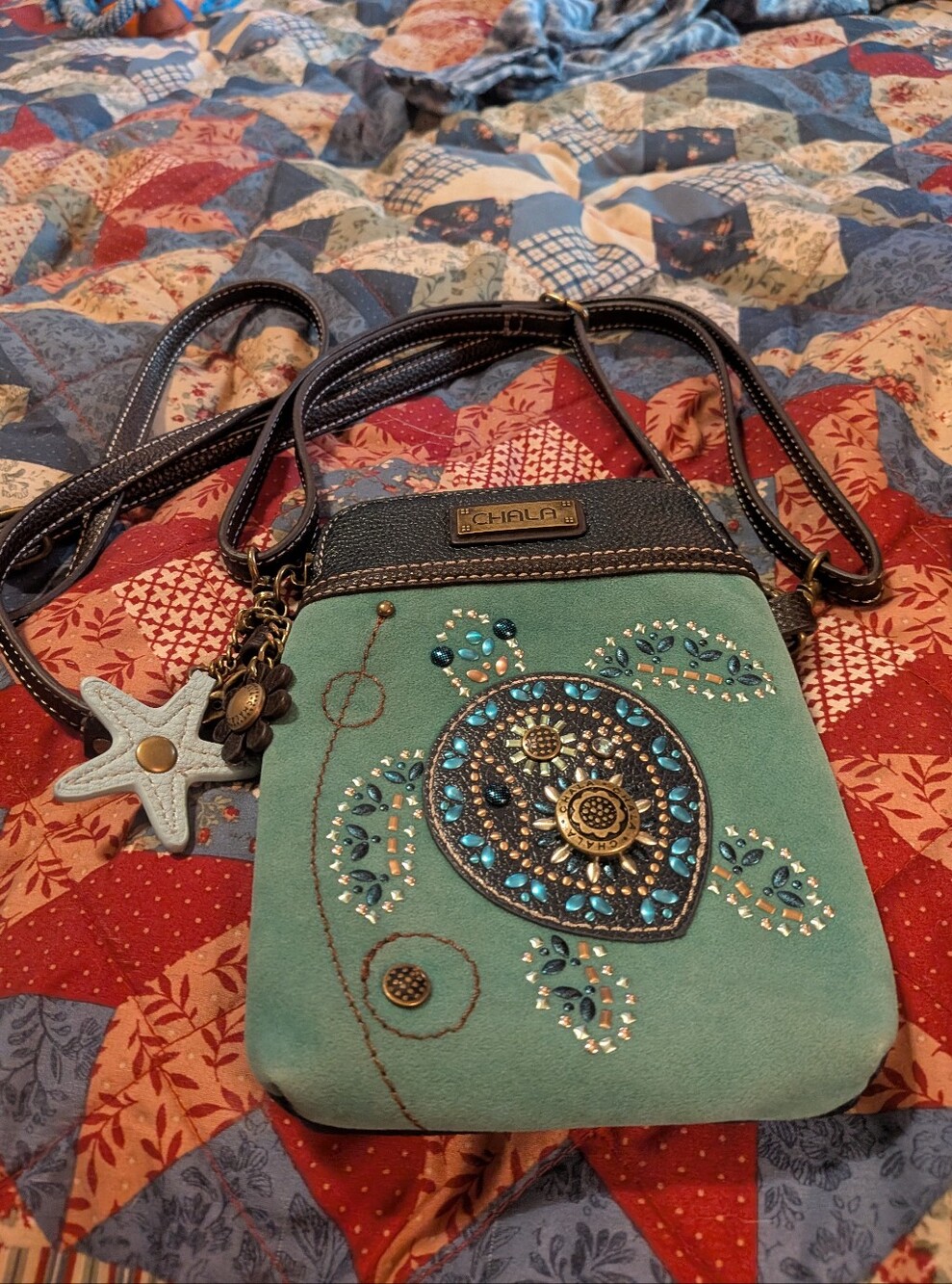 Chala Teal Embellished Turtle  Crossbody Bag with Charms